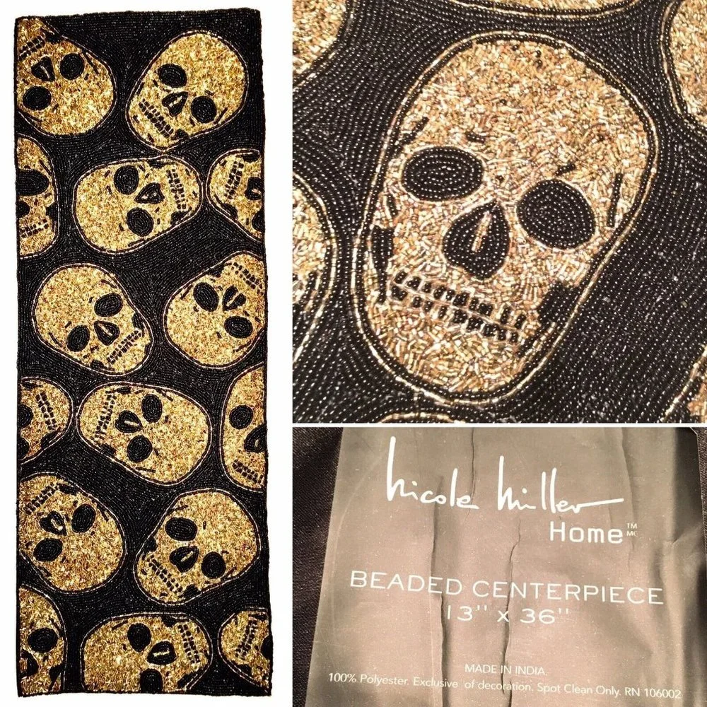Nicole Miller Halloween Beaded Gold Skull Table Runner Centerpiece Designer